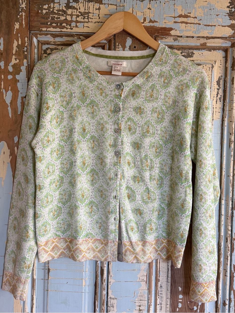 Sundance Light Green Paisley Cardigan with Cream & Tan Trim